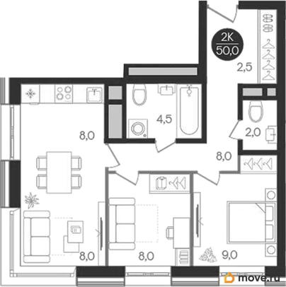 2-комн. квартира, 50 м&sup2;