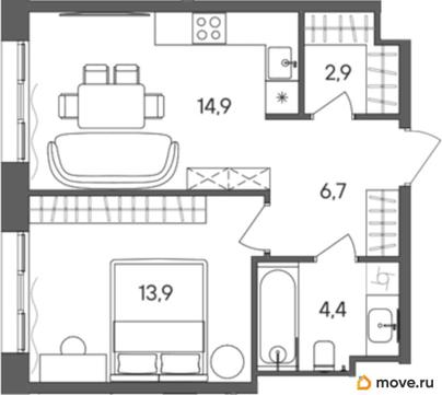 1-комн. квартира, 42.8 м&sup2;