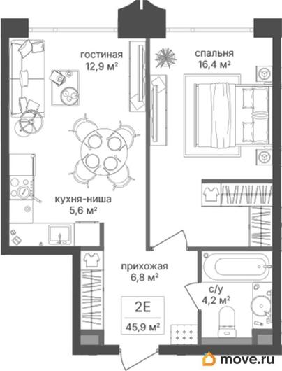 1-комн. квартира, 45.9 м&sup2;