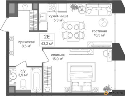 1-комн. квартира, 43.2 м&sup2;