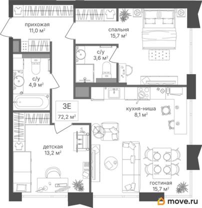 2-комн. квартира, 72.2 м&sup2;