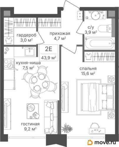 1-комн. квартира, 43.9 м&sup2;