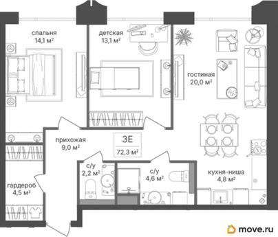 2-комн. квартира, 72.3 м&sup2;
