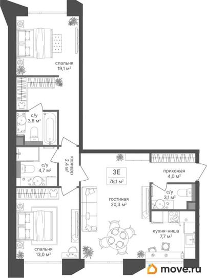 2-комн. квартира, 78.1 м&sup2;