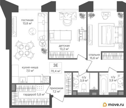 2-комн. квартира, 70.4 м&sup2;