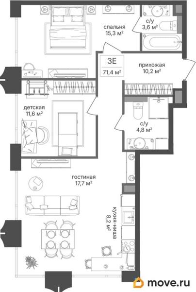 2-комн. квартира, 71.4 м&sup2;