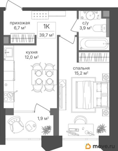 1-комн. квартира, 39.7 м&sup2;