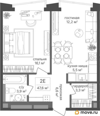 1-комн. квартира, 47.6 м&sup2;