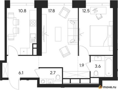 2-комн. квартира, 55.4 м&sup2;