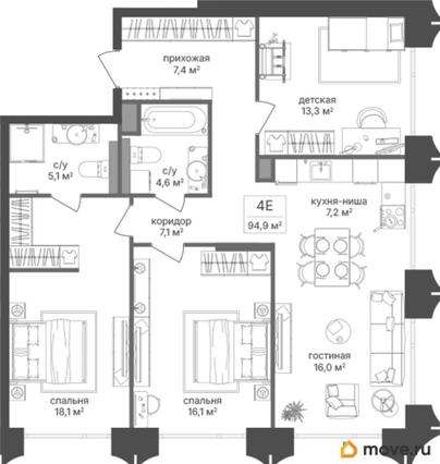 3-комн. квартира, 94.9 м&sup2;