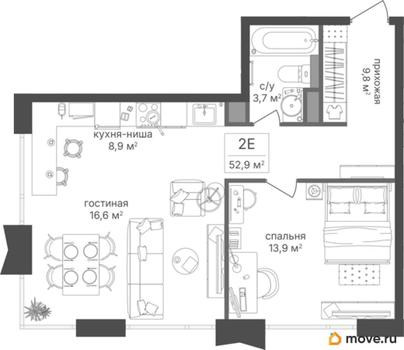 1-комн. квартира, 52.9 м&sup2;