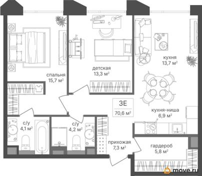 2-комн. квартира, 70.6 м&sup2;