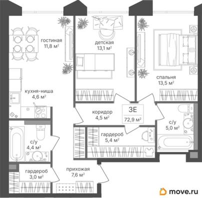 2-комн. квартира, 72.9 м&sup2;