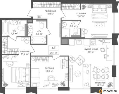 3-комн. квартира, 95.1 м&sup2;