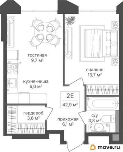 1-комн. квартира, 42.9 м&sup2;