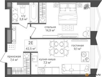 1-комн. квартира, 42.5 м&sup2;