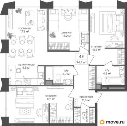 3-комн. квартира, 94.4 м&sup2;