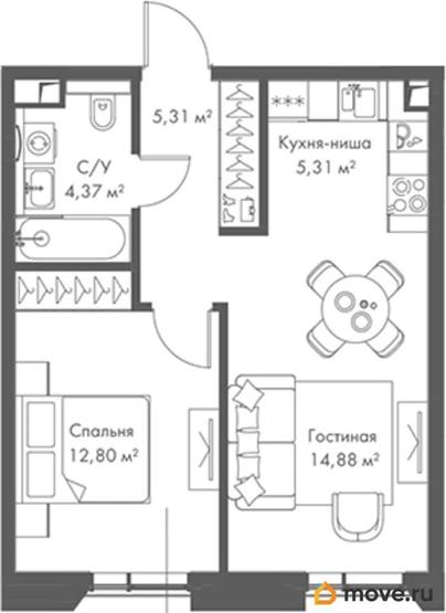 1-комн. квартира, 42.67 м&sup2;