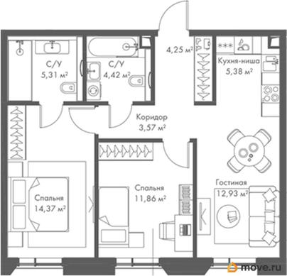 2-комн. квартира, 62.09 м&sup2;