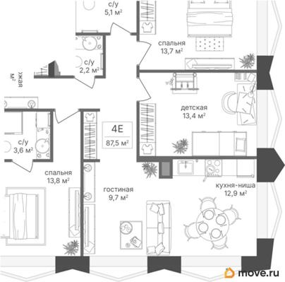 3-комн. квартира, 87.5 м&sup2;