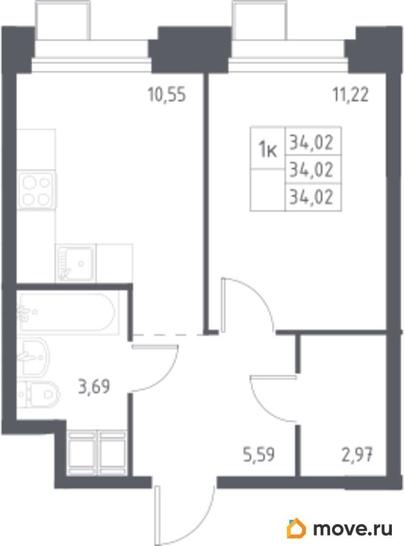 1-комн. квартира, 34.02 м&sup2;