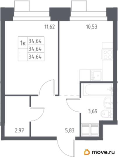 1-комн. квартира, 34.64 м&sup2;