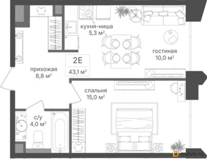 1-комн. квартира, 43.1 м&sup2;