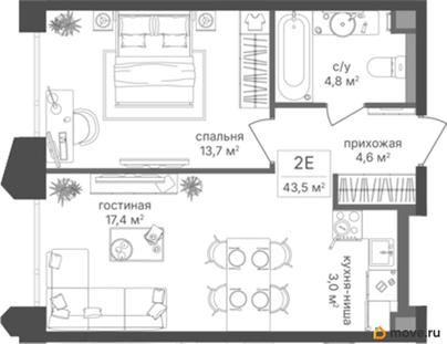 1-комн. квартира, 43.5 м&sup2;