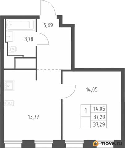 1-комн. квартира, 37.29 м&sup2;