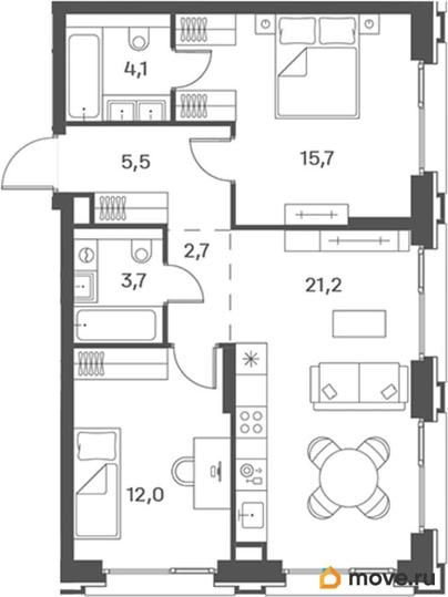 2-комн. квартира, 64.9 м&sup2;