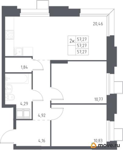 2-комн. квартира, 57.27 м&sup2;