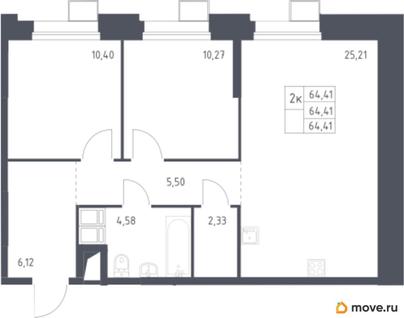 2-комн. квартира, 64.41 м&sup2;