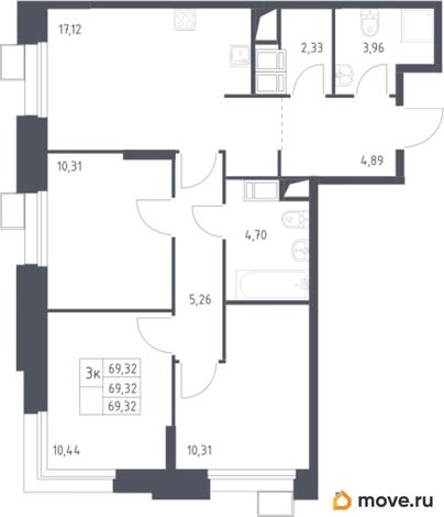 3-комн. квартира, 69.32 м&sup2;