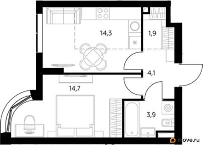 1-комн. квартира, 39.1 м&sup2;