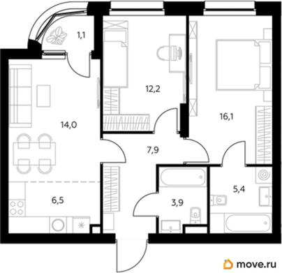 2-комн. квартира, 67.7 м&sup2;