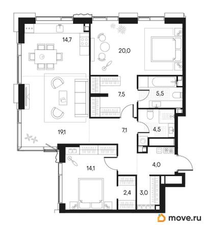 2-комн. квартира, 101.9 м&sup2;