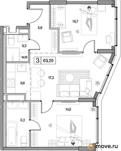 2-комн. квартира, 63.2 м&sup2;