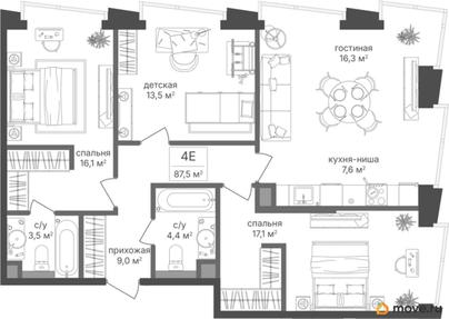 3-комн. квартира, 87.5 м&sup2;
