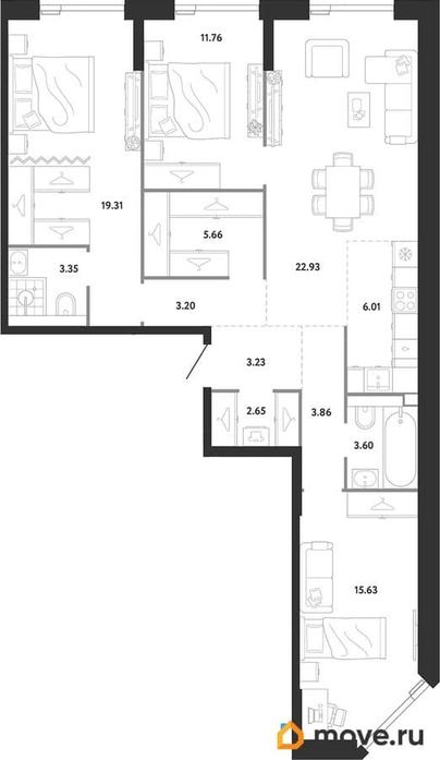 3-комн. квартира, 101.19 м&sup2;