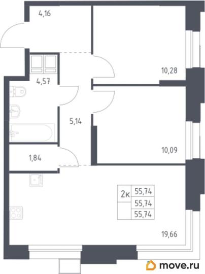 2-комн. квартира, 55.74 м&sup2;