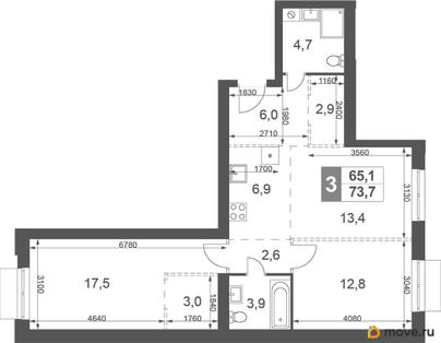 2-комн. квартира, 73.7 м&sup2;
