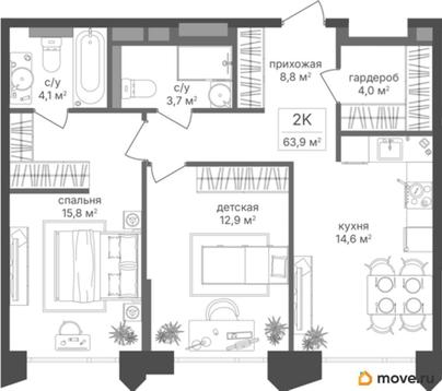 2-комн. квартира, 63.9 м&sup2;