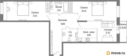 2-комн. квартира, 87.13 м&sup2;