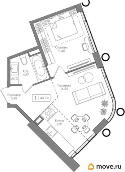 1-комн. квартира, 44.74 м&sup2;