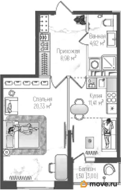 1-комн. квартира, 47.14 м&sup2;