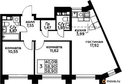 2-комн. квартира, 58.9 м&sup2;