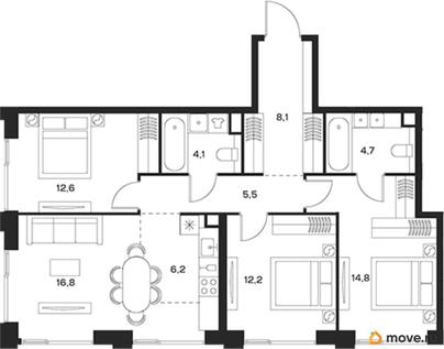 3-комн. квартира, 85 м&sup2;