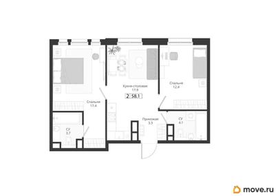 2-комн. квартира, 58.1 м&sup2;
