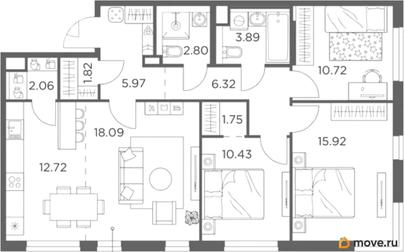 3-комн. квартира, 92.49 м&sup2;