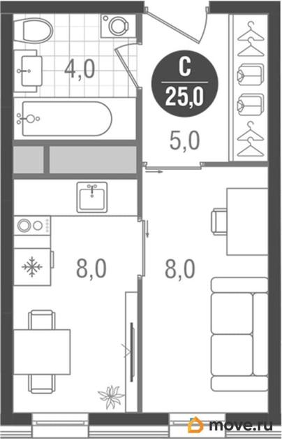 студия, 25 м&sup2;